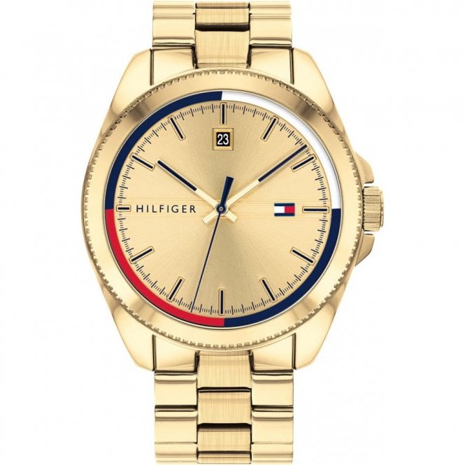 Tommy Hilfiger Mens RILEY Champagne Dial Red/Blue Bezel Gold Plated Bracelet Watch 1791686
