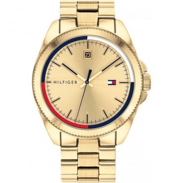 Mens RILEY Champagne Dial Red/Blue Bezel Gold Plated Bracelet Watch 1791686