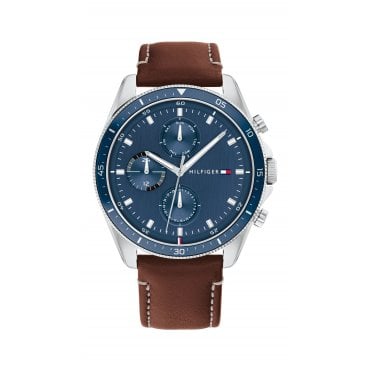 Mens Round Blue Sunray Chrongraph Dial Blue Bezel Brown Leather Strap Watch 1791837.