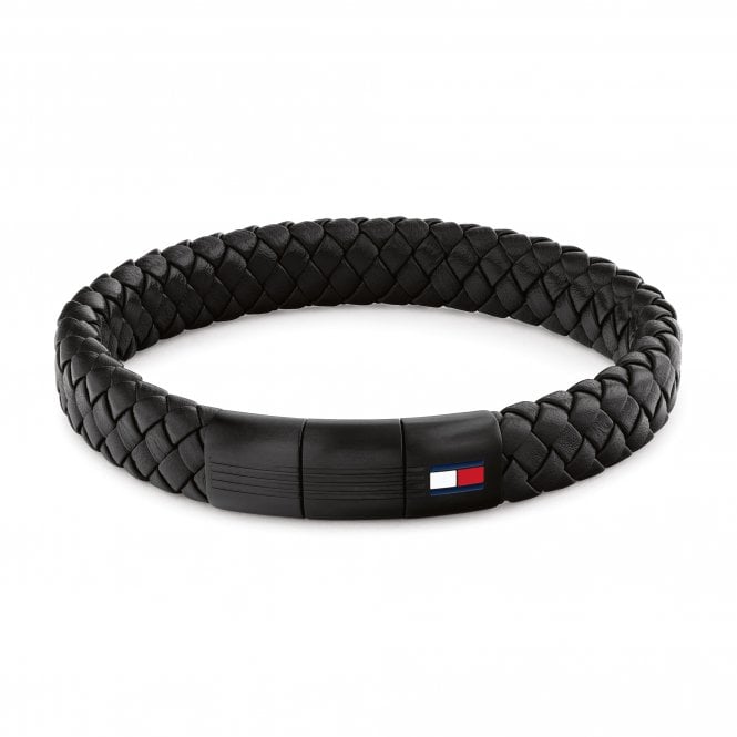 Tommy Hilfiger Mens ROUND BRAIDED Adjustable Black Leather Bracelet 2790662