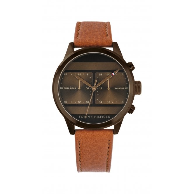 Tommy Hilfiger Mens Round Bronze Dual Time Dial Tan Strap Watch 1791594