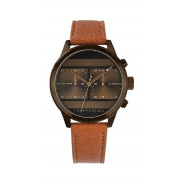 Mens Round Bronze Dual Time Dial Tan Strap Watch 1791594