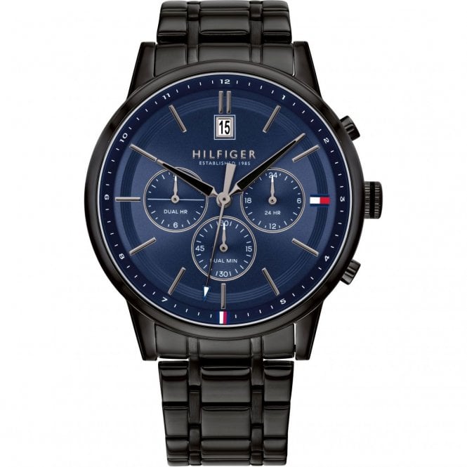 Tommy Hilfiger Mens Round Navy Dial Black IP Bracelet Watch 1791633