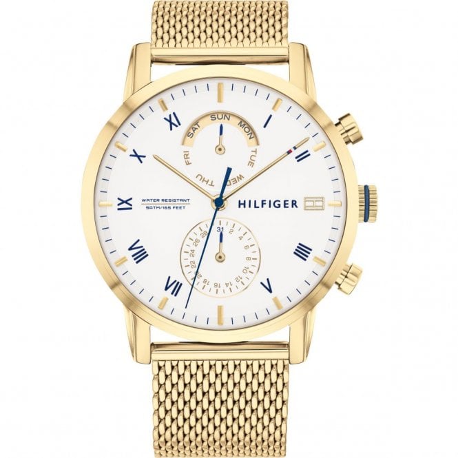 Tommy Hilfiger Mens Round White Multi Dial Gold Plated Mesh Bracelet Watch 1710403