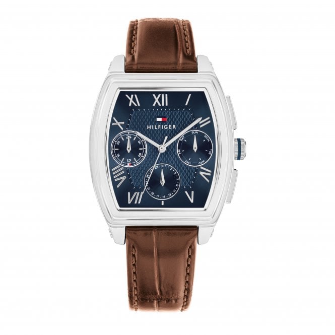 Tommy Hilfiger Mens TH OXFORD Blue Cushion Dial Brown Strap Watch 1710760