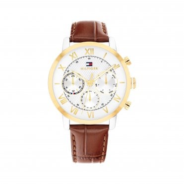 Mens TH OXFORD Round White Chronograph Dial Brown Strap Watch 1710726