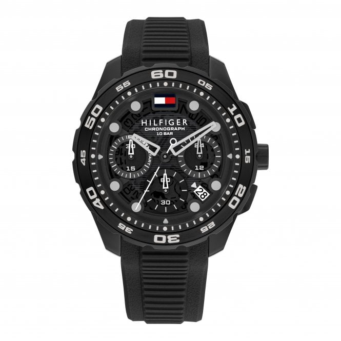 Tommy Hilfiger Mens TH REGATTA Round Black Chronograph Black Silicon Strap Watch 1792233