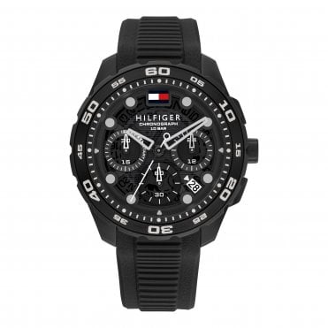 Mens TH REGATTA Round Black Chronograph Black Silicon Strap Watch 1792233