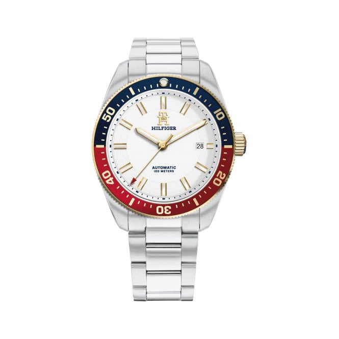 Tommy Hilfiger Mens TH85 AUTO Round White Dial Pepsi Bezel Stainless Steel Bracelet Watch 1710551