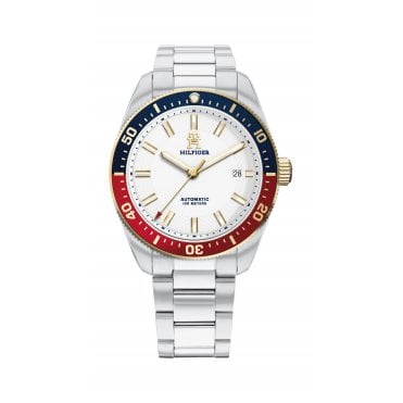 Mens TH85 AUTO Round White Dial Pepsi Bezel Stainless Steel Bracelet Watch 1710551