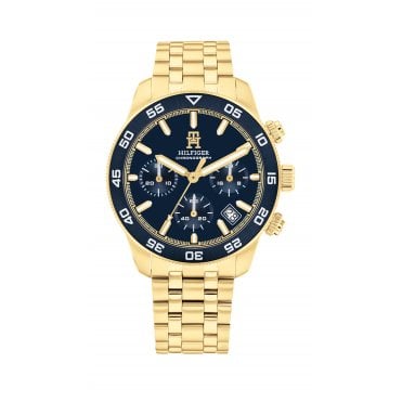 Mens TH85 Chronograph Round Blue Dial Gold Plated Bracelet Watch 1792158