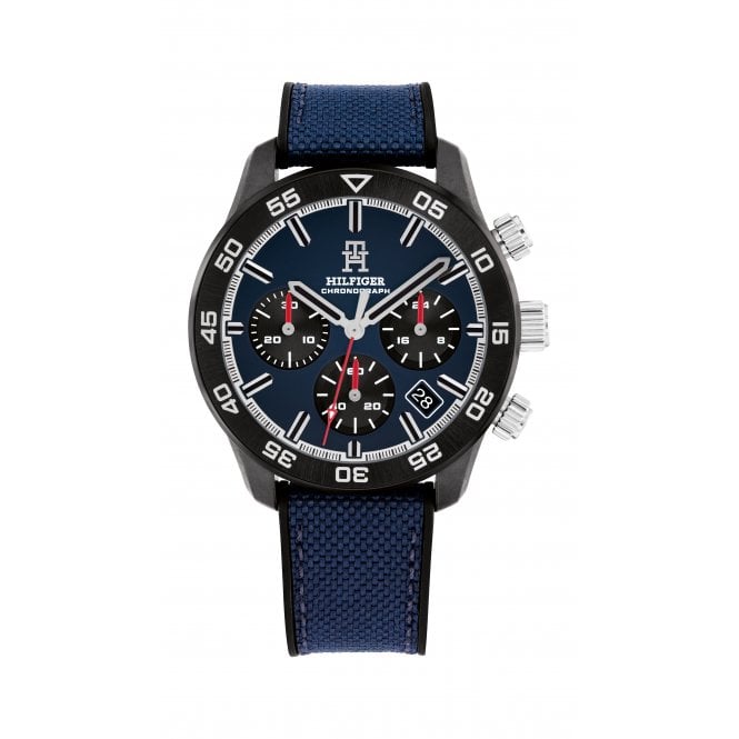Tommy Hilfiger Mens TH85 Round Black Chronograph Dial Carbon Case Blue Silicone & Fabric Strap Watch 1792183