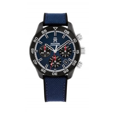 Mens TH85 Round Black Chronograph Dial Carbon Case Blue Silicone & Fabric Strap Watch 1792183