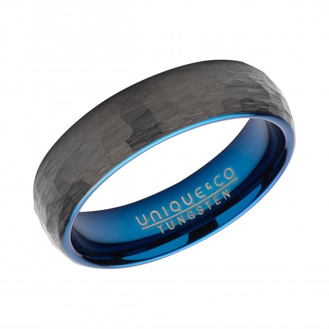 Unique & Co Tungsten 6mm Hammered Black/Blue IP Plated Ring Size S