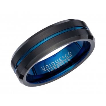 Tungsten 7mm Black/Blue IP Plated Ring Size O 3/4