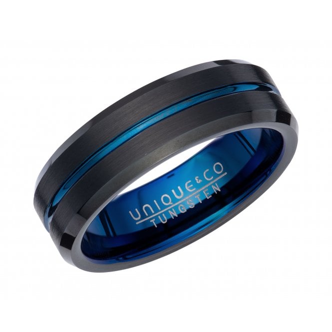Unique & Co Tungsten 7mm Black/Blue IP Plated Ring Size W 3/4