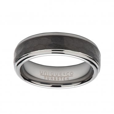 Tungsten 7mm Hammered Black IP Ring Size Y 3/4
