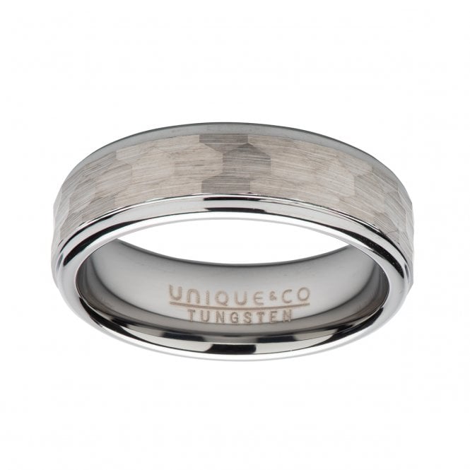 Unique & Co Tungsten 7mm Hammered Finish Silver Ring Size T 3/4