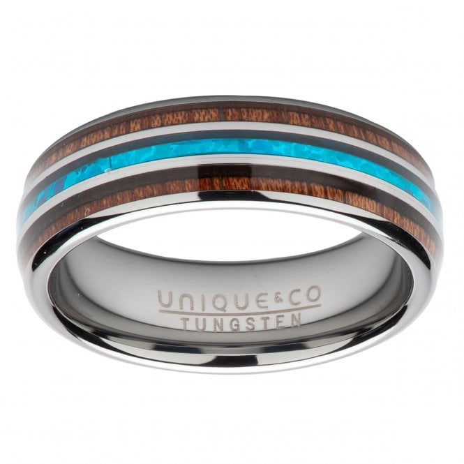 Unique & Co Tungsten 7mm Wood/Blue Ring Size S