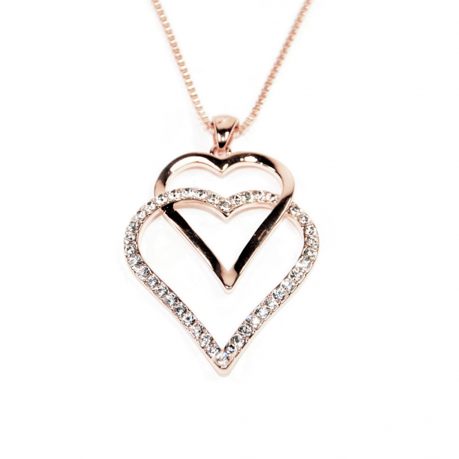 VIP Rose Gold Plated Double Heart Crystal Set Pendant and Chain