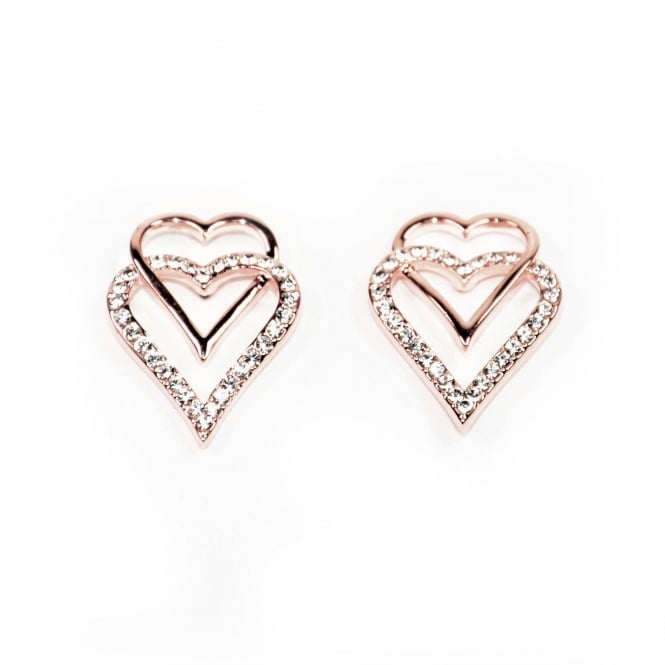 VIP Rose Gold Plated Double Heart Crystal Set Stud Earrings