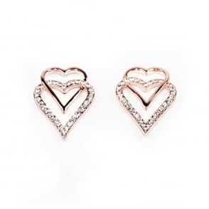 VIP Rose Gold Plated Double Heart Crystal Set Stud Earrings