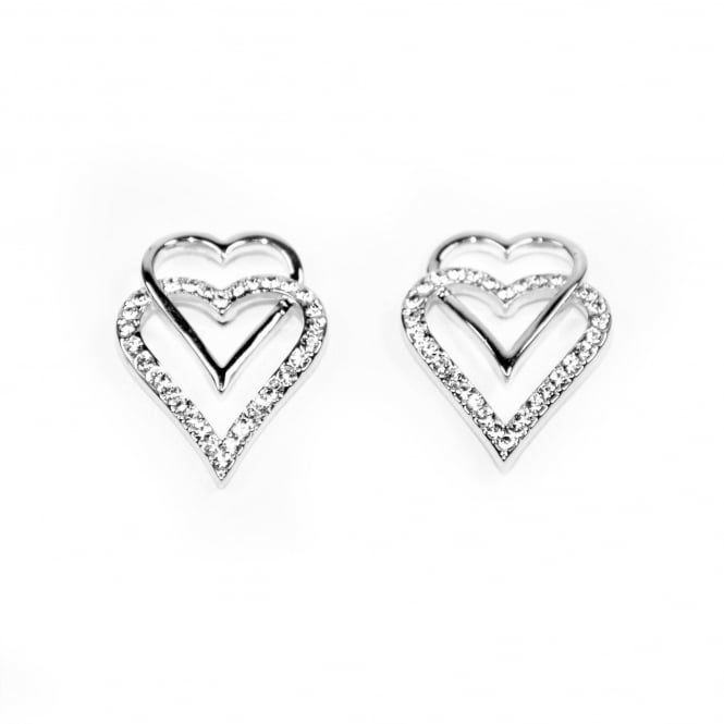 VIP Silver Plated Double Heart Crystal Set Stud Earrings