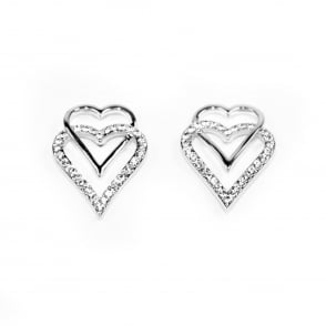 VIP Silver Plated Double Heart Crystal Set Stud Earrings