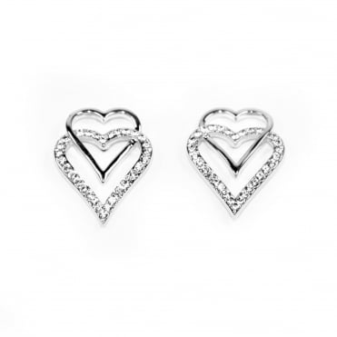VIP Silver Plated Double Heart Crystal Set Stud Earrings